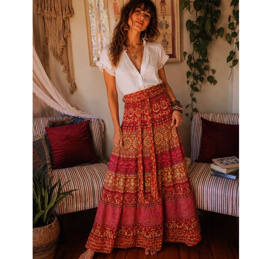 VTG Boho Block Wrap Maxi Skirt‎ orange Paisley Floral Festival Skirt one size